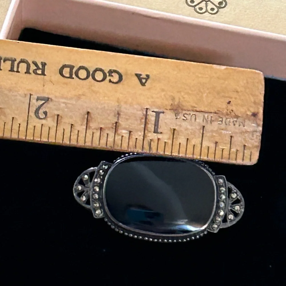 Vintage Sterling Silver Black Onyx & Marcasites Brooch - Picture 3 of 7